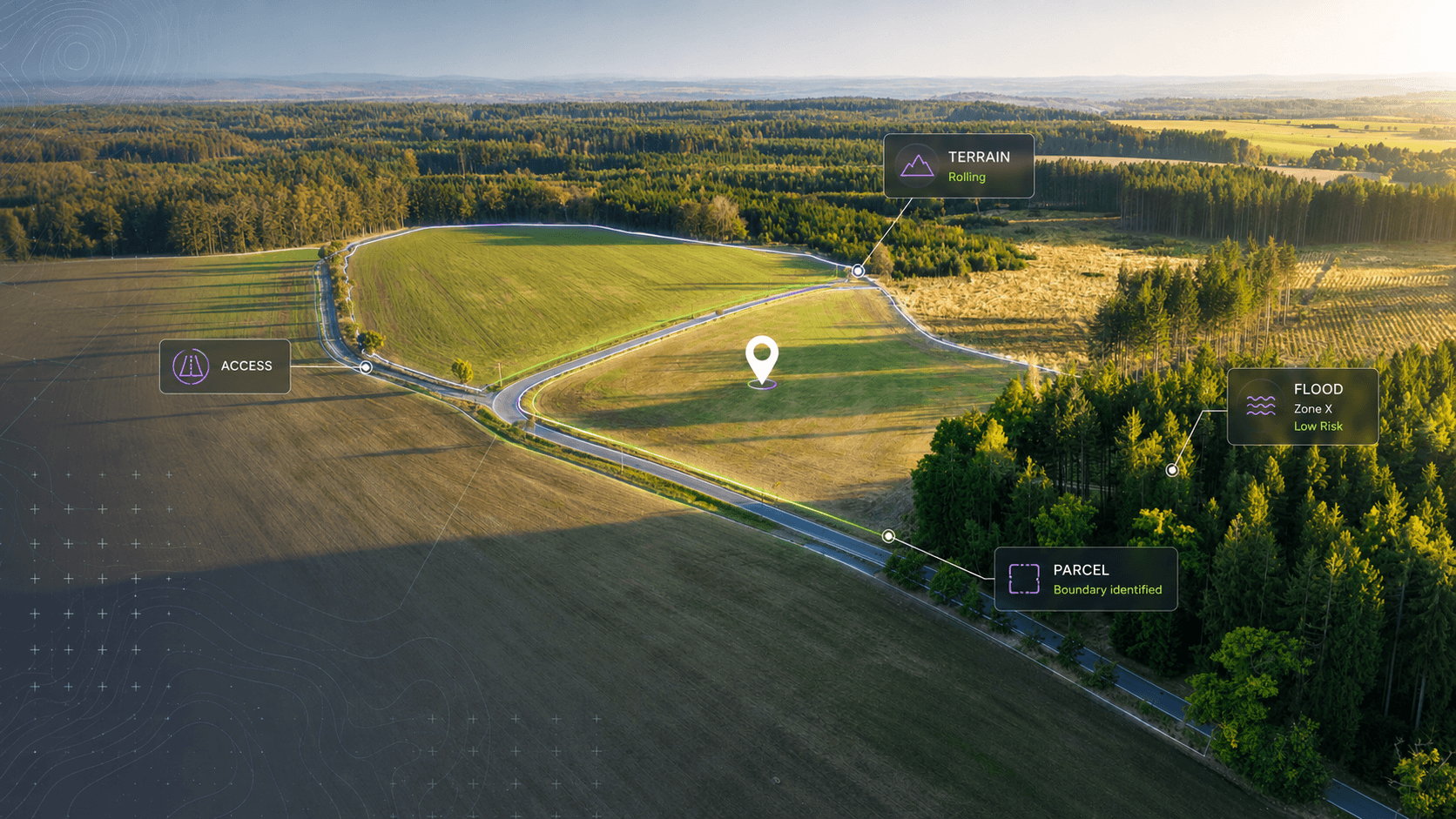 Aerial rural land with Land Ops Desk-style parcel research overlays