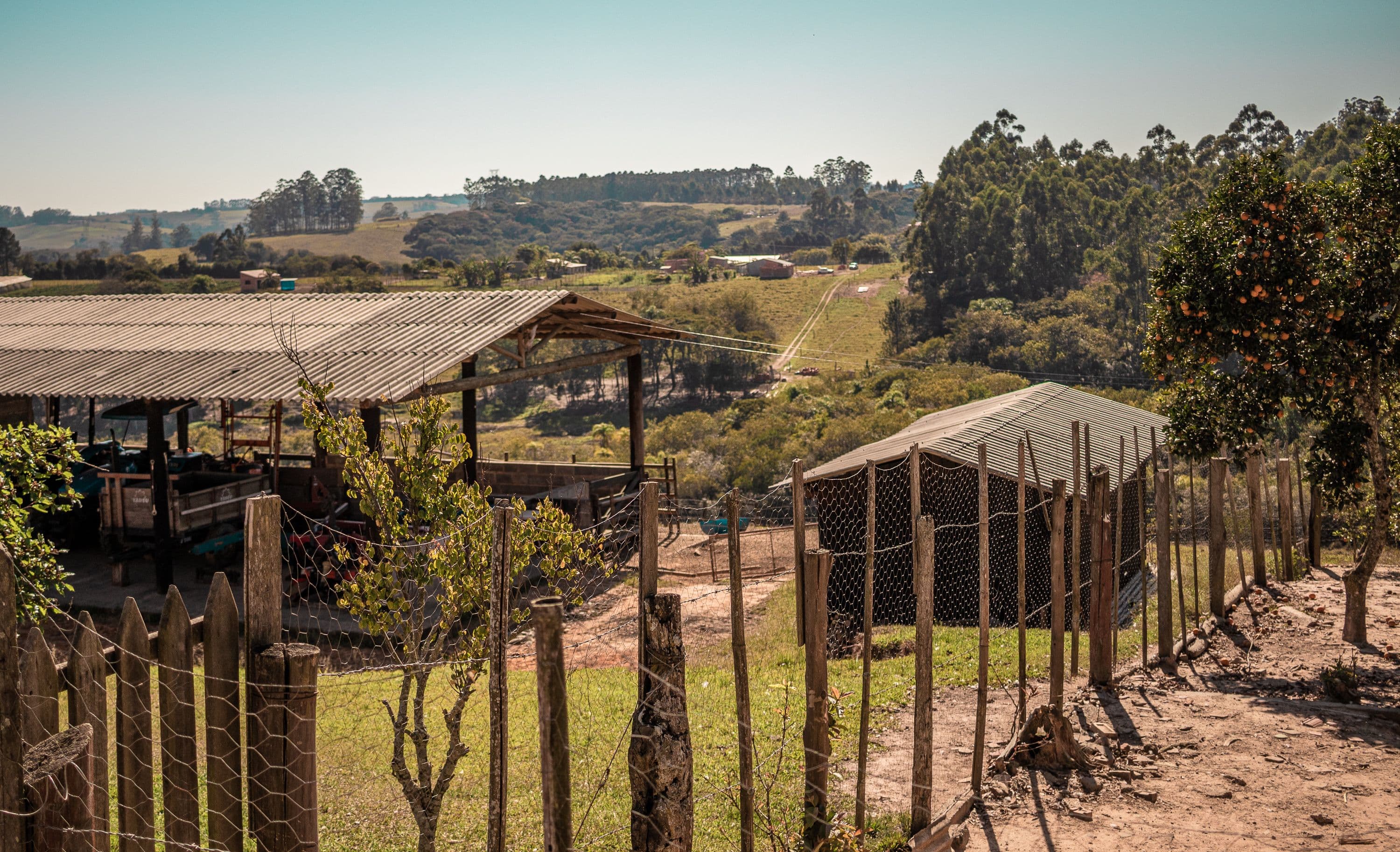 Fenced countryside farm buildings and grassland